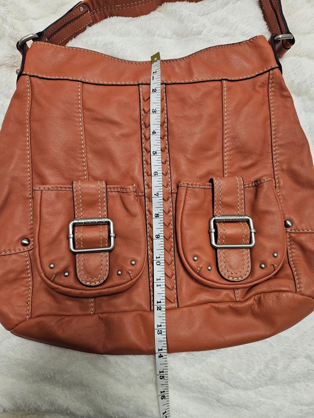 Tignanello Orange Leather Shoulder Bag with Front Buckle Pockets